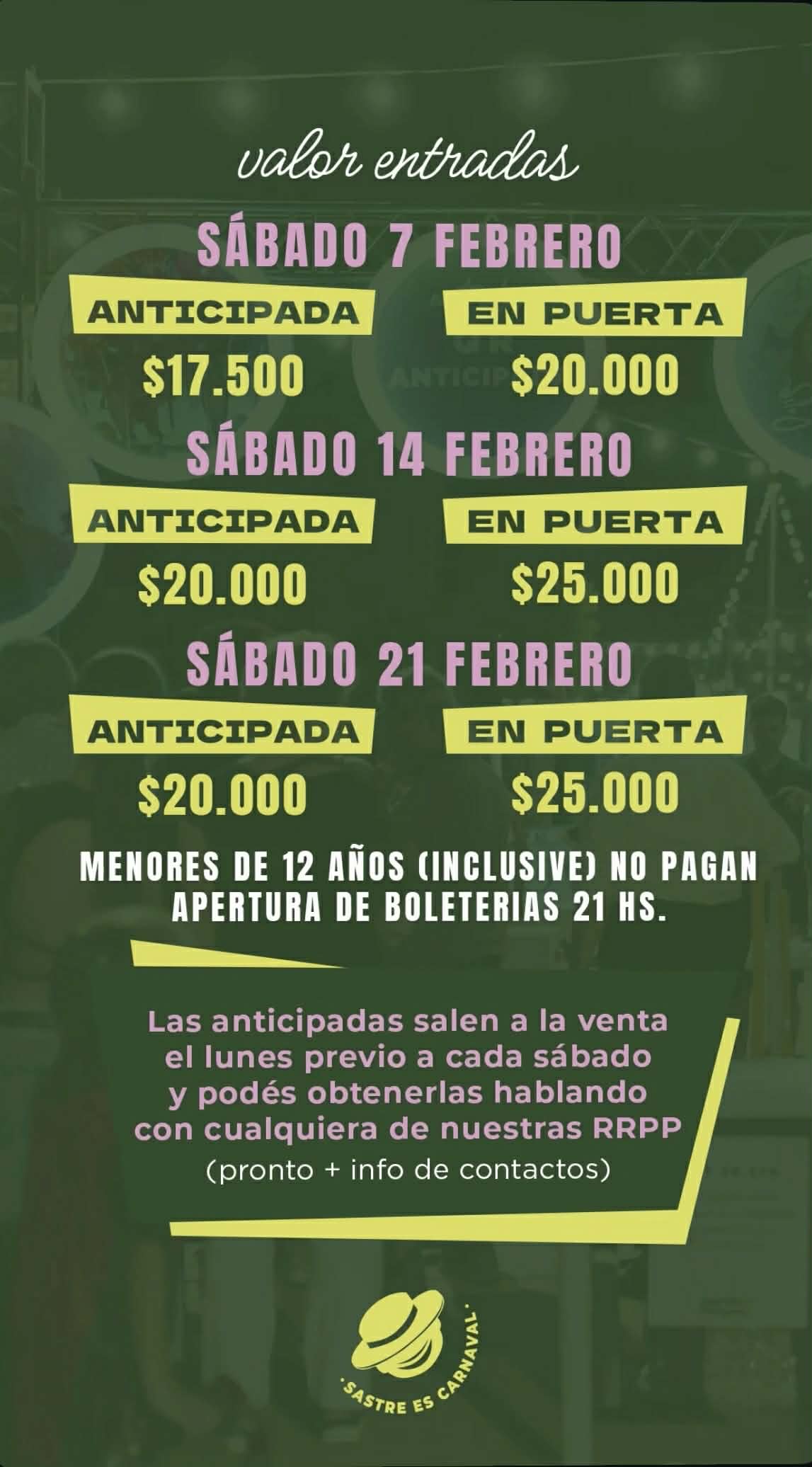 carnavales Sastre costo entradas 2026